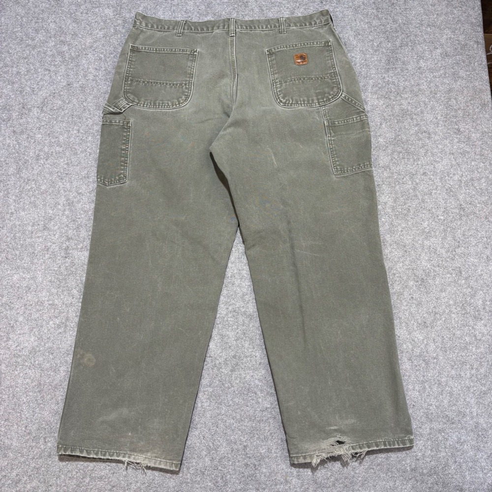 Carhartt Mens Moss Green Canvas Dungaree Work Pants 40x30 Distressed B11 MOS